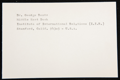 A Paper Clipping Documenting the Address of Dr George Rentz, from the Middle East Desk at the Institute of National Relations, California, U.S.A