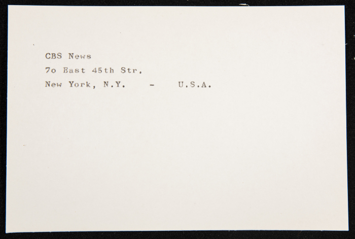 A Paper Clipping Documenting the Address of CBS News, New York, U.S.A