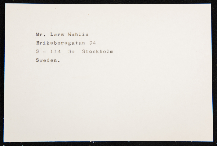 A Paper Clipping Documenting the Address of Lars Wahlin, Stockholm, Sweden
