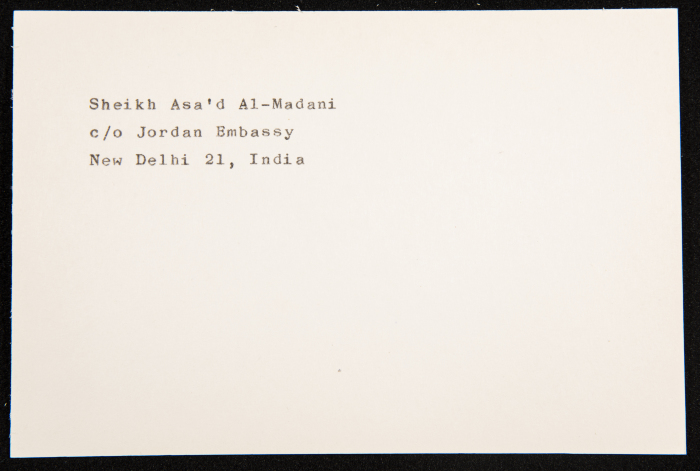 قصاصة توثق عنوان الشيخ أسعد المدني من السفارة الأردنية في الهند