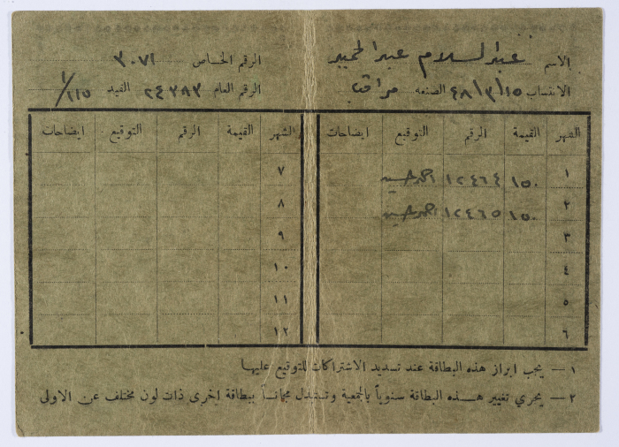 Abdul Salam Abdul Hamid's Membership Card at the Palestine Arab Workers Society, 15 March 1948