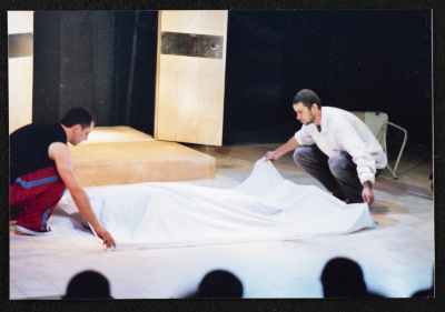 A Photograph of Ṣaleh Bakry and Jawad Abdel-Ghany During the Theatrical Performance of "Junun", al-Midan Theatre 