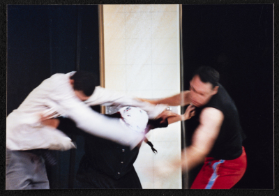 A Photograph of Arin ʿĀbde, Jawad Abdel-Ghany, and Ṣaleh Bakry During the Theatrical Performance of "Junun", al-Midan Theatre	