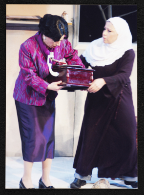 A Photograph of Salwa Naqara and Sanaʾ Salhab During the Theatrical Performance of "Ghuyum Fi Rihla Jabaleya", al-Midan Theatre 
