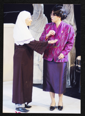 A Photograph of Salwa Naqara and Sanaʾ Salhab During the Theatrical Performance of "Ghuyum Fi Rihla Jabaleya", al-Midan Theatre 
