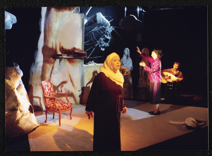 A Photograph of Salwa Naqara and Sanaʾ Salhab During the Theatrical Performance of 