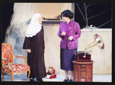 A Photograph of Salwa Naqara and Sanaʾ Salhab During the Theatrical Performance of "Ghuyum Fi Rihla Jabaleya", al-Midan Theatre 
