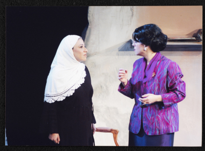 A Photograph of Salwa Naqara and Sanaʾ Salhab During the Theatrical Performance of "Ghuyum Fi Rihla Jabaleya", al-Midan Theatre 
