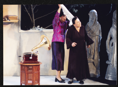 A Photograph of Salwa Naqara and Sanaʾ Salhab During the Theatrical Performance of "Ghuyum Fi Rihla Jabaleya", al-Midan Theatre 
