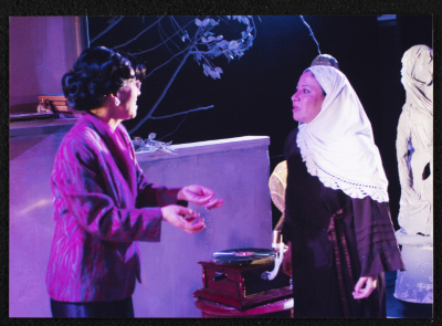 A Photograph of Salwa Naqara and Sanaʾ Salhab During the Theatrical Performance of "Ghuyum Fi Rihla Jabaleya", al-Midan Theatre 
