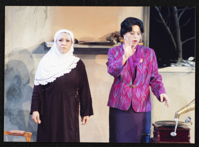 A Photograph of Salwa Naqara and Sanaʾ Salhab During the Theatrical Performance of "Ghuyum Fi Rihla Jabaleya", al-Midan Theatre 
