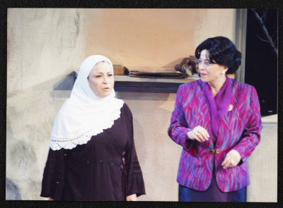 A Photograph of Salwa Naqara and Sanaʾ Salhab During the Theatrical Performance of "Ghuyum Fi Rihla Jabaleya", al-Midan Theatre 

