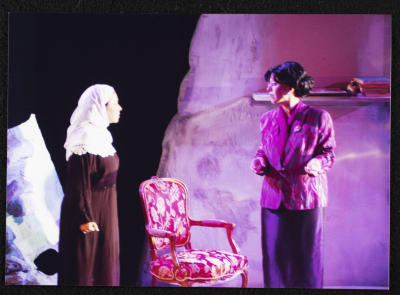 A Photograph of Salwa Naqara and Sanaʾ Salhab During the Theatrical Performance of "Ghuyum Fi Rihla Jabaleya", al-Midan Theatre 

