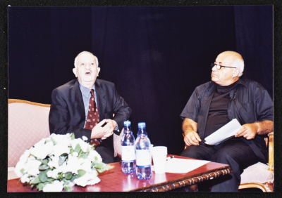 Hanna abu Hanna and Salman Natour at the Memorial Service Held in Honour of Bushra Qaraman, 2002