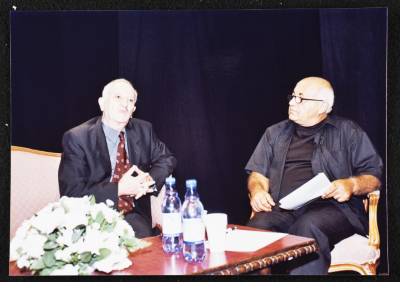 Hanna abu Hanna and Salman Natour at the Memorial Service Held in Honour of Bushra Qaraman, 2002