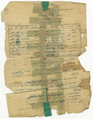"شهادة الصف الثامن" لفاطمة علي صادرة عن المدرسة العربية الرسمية في عرابة البطوف، 24 حزيران 1964