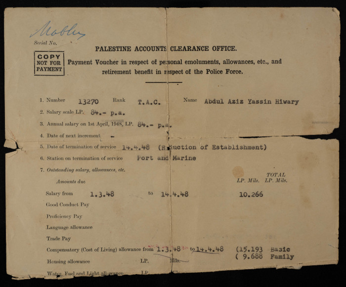 Payment Voucher for Abdel-Aziz Yasine Hiwwari, 1 September 1948