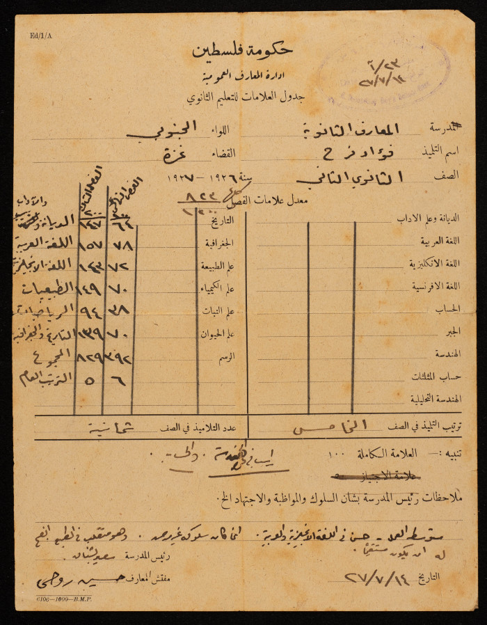 شهادة مدرسية للطالب فؤاد فرح