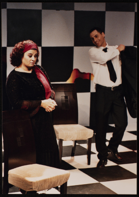 A Photograph of Nisrin Faʿur and Jawad Abdel-Ghany During the Theatrical Performance of "Bayad al-Aynayn", al-Midan Theatre, 2005
