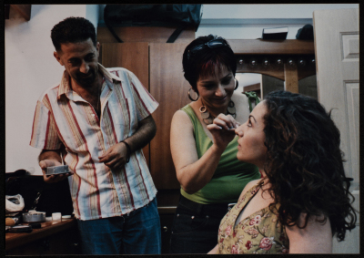 A Photograph of Hanan Hillo with the Hairdresser and Munir Bakry Before the Theatrical Performance "Bayad al-Aynayn", al-Midan Theatre, 2005	