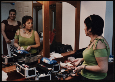 A Photograph of Nisrin Faʿur with the Hairdresser Before the Theatrical Performance "Bayad al-Aynayn", al-Midan Theatre, 2005	