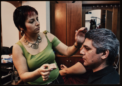 A Photograph of ʾEyad Shtay Backstage with the Hairdresser Before the Theatrical Performance "Bayad al-Aynayn", al-Midan Theatre, 2005	