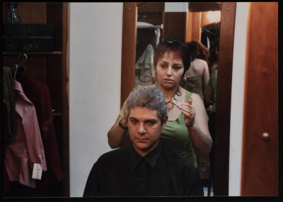 A Photograph of ʾEyad Shtay Backstage with the Hairdresser Before the Theatrical Performance "Bayad al-Aynayn", al-Midan Theatre, 2005	