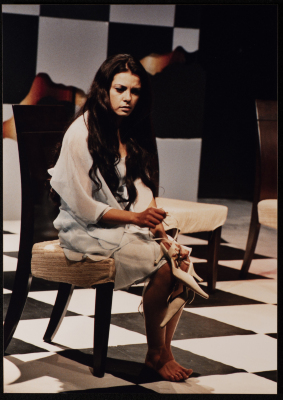 A Photograph of Āmal Qays During the Theatrical Performance "Bayad al-Aynayn", al-Midan Theatre, 2005 
