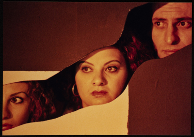 A Photograph of Nisrin Faʿur, Hanan Hillo, and Jawad Abdel-Ghany During Theatrical Performance "Bayad al-Aynayn", al-Midan Theatre, 2005
