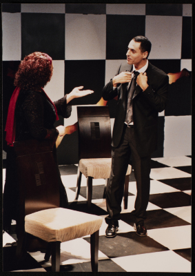 A Photograph of Nisrin Faʿur and Jawad Abdel-Ghany During the Theatrical Performance of "Bayad al-Aynayn", al-Midan Theatre, 2005
