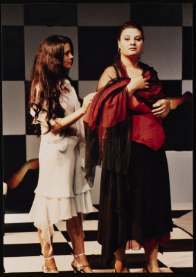 A Photograph of Nisrin Faʿur and Āmal Qays During the Theatrical Performance "Bayad al-Aynayn", al-Midan Theatre, 2005
