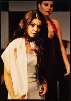 A Photograph of Nisrin Faʿur and Āmal Qays During the Theatrical Performance "Bayad al-Aynayn", al-Midan Theatre, 2005
