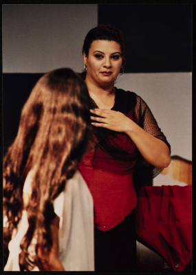 A Photograph of Nisrin Faʿur and Āmal Qays During the Theatrical Performance "Bayad al-Aynayn", al-Midan Theatre, 2005
