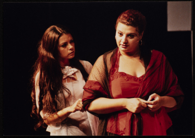 A Photograph of Nisrin Faʿur and Āmal Qays During the Theatrical Performance "Bayad al-Aynayn", al-Midan Theatre, 2005
