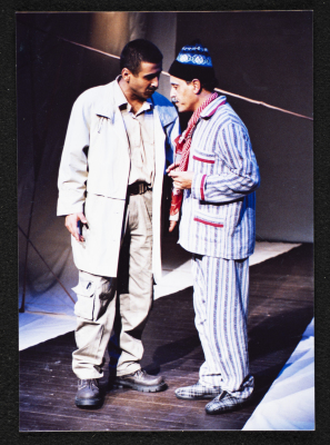 A Photograph of Muhammad ʿudetallah and Mahmud Qadah During the Theatrical Performance "Ahlam Shaqeyyeh", al-Midan Theatre, 2001	