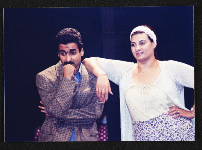 A Photograph of Fatin Khury and Mahmud Qadah at Rehearsals for the Theatrical Performance "Buʾs Wa Ruʿb Reich ath-Thaleth", al-Midan Theatre, 2002
