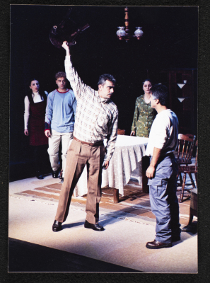 A Photograph of Hind Ayyub and Mahmud Qadah During the Theatrical Performance "Mashhad Min al-Jiser", al-Midan Theatre, 2002