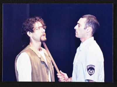 A Photograph of ʾihab Salameh and Ashraf Barhum at Rehearsals for the Theatrical Performance "Buʾs Wa Ruʿb Reich ath-Thaleth", al-Midan Theatre, 2002
