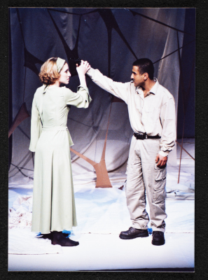 A Photograph of Mahmud Qadah and Salma Khaybun During the Theatrical Performance "Ahlam Shaqeyyeh", al-Midan Theatre, 2001	