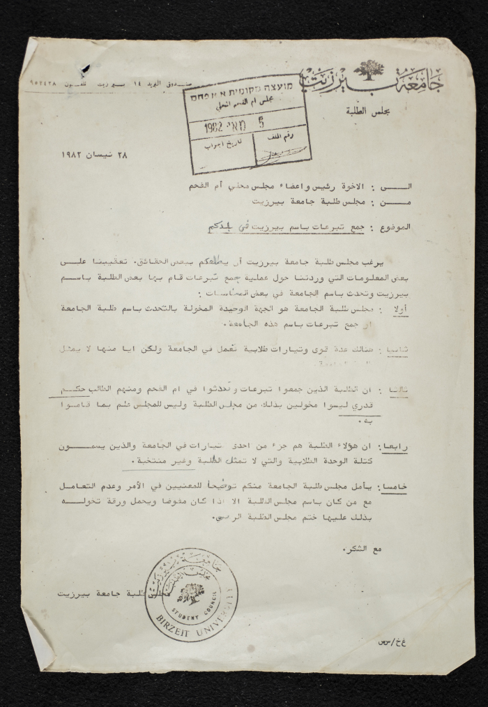 A Letter from Birzeit University's Student Body Council Addressed to the President and Members of Umm al-Fahm's Local Council,  28 April 1982 