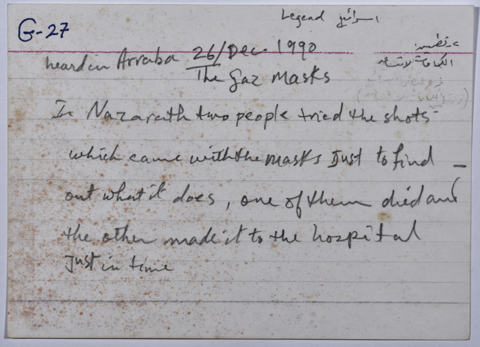 بطاقة وُثِّق عليها حكايا من الانتفاضة بعنوان أقنعة الغاز في الناصرة