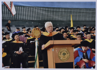 Photo of Mr. Ibrahim Dakkak when he was awarded an Honorary Doctorate in Community Development from Birzeit University during the 37th Annual Graduation Ceremony