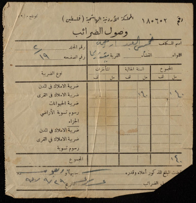 A Tax Receipt, No 180602, Issued by the Hashemite Kingdom of Jordan for Khamis Irhaima, September 29 1960