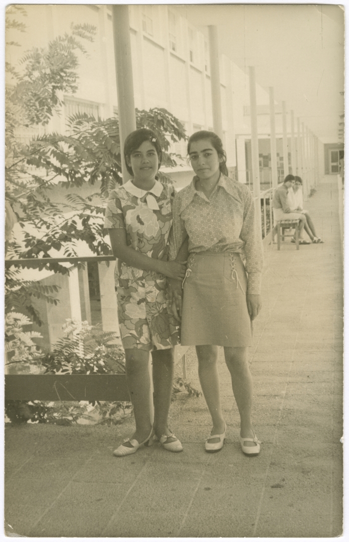 Two girls inside Dar al-Muallimeen in Haifa