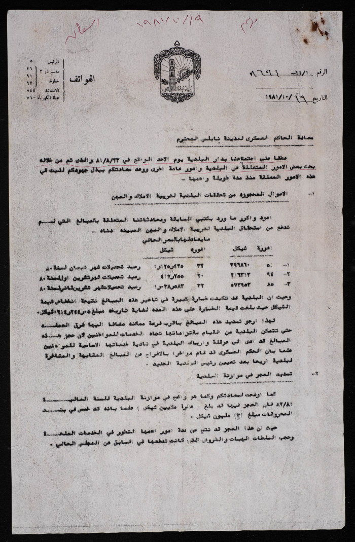 A Letter from Nablus Mayor to the Israeli Military Governor in Nablus, 19 October 1981 