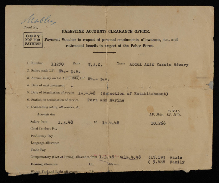 Payment Voucher for Abdel-Aziz Yasine Hiwwari, 1 September 1948