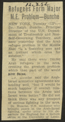 "Refugees Form Major M.E. Problem- Bunche", a Newspaper Clipping, 12 March 1952 