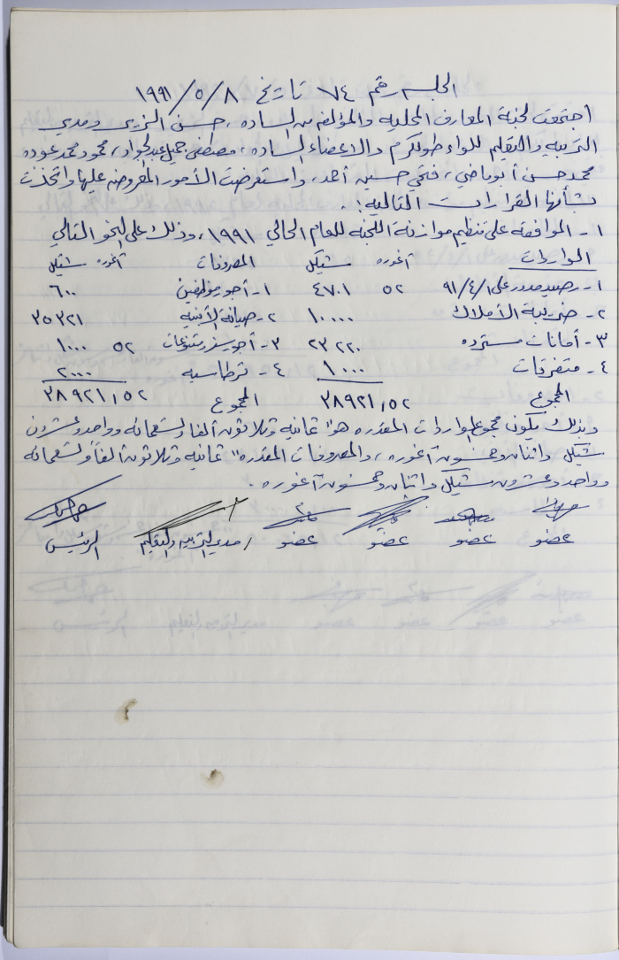 محضر جلسة لجنة المعارف رقم 74 لعام 1991