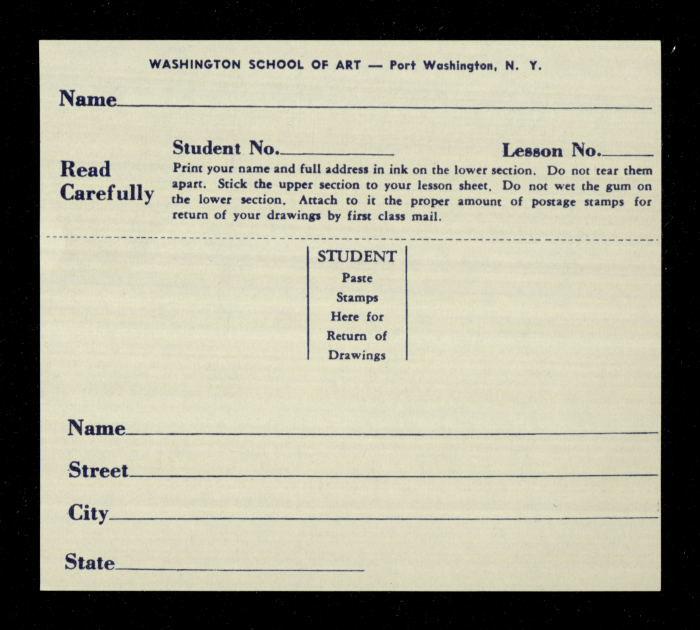 A Return of Drawings Form Issued by Washington School of Art