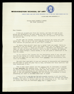A Letter from Chief Art Instructor at Washington School of Art Jane Dolph to Students 